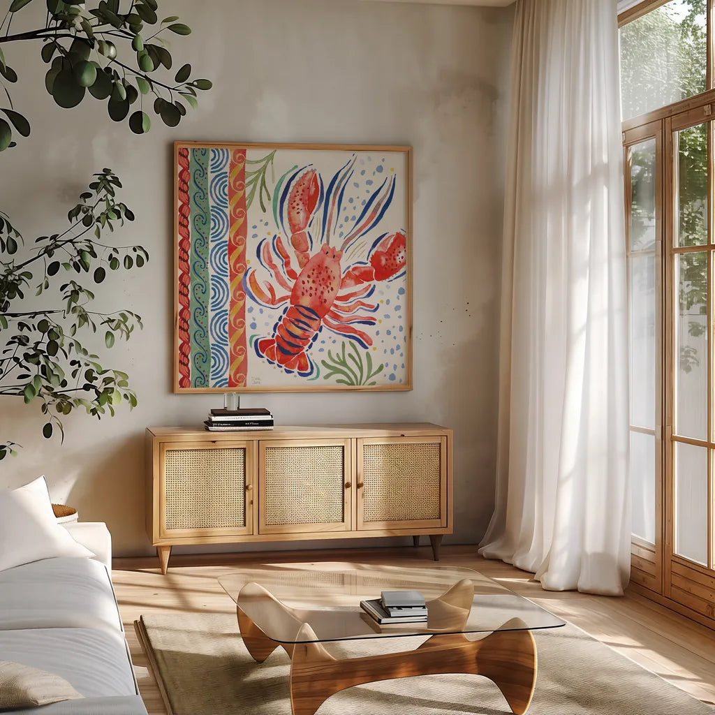 Nautical Vibes II by Dina June. Shown in a natural wood frame in a cozy modern living room. Available as an archival giclee rolled canvas, fine art paper, or poster print. SKU 95032a.