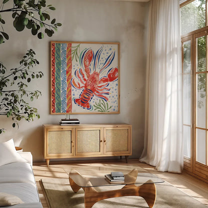 Nautical Vibes II by Dina June. Shown in a natural wood frame in a cozy modern living room. Available as an archival giclee rolled canvas, fine art paper, or poster print. SKU 95032a.