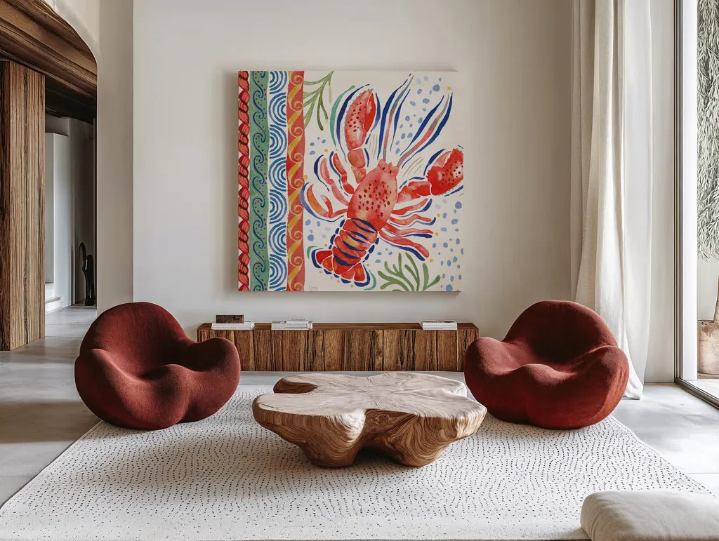 Nautical Vibes II by Dina June. Shown as extra-large giant wall art in a modern living room. Available as an archival giclee rolled canvas, fine art paper, or poster print. SKU 95032a.