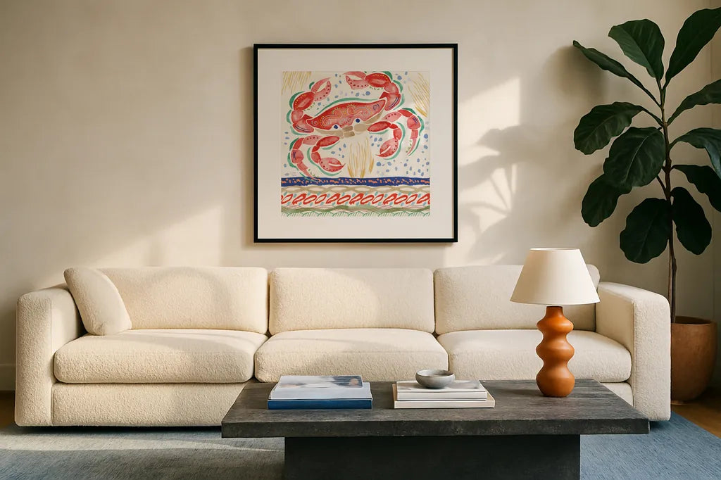 Nautical Vibes III by Dina June. Displayed in a glass frame with matte in a clean modern living room. Available as an archival giclee rolled canvas, fine art paper, or poster print. SKU 95033a.