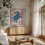 Nautical Vibes IV by Dina June. Shown in a natural wood frame in a cozy modern living room. Available as an archival giclee rolled canvas, fine art paper, or poster print. SKU 95034a.