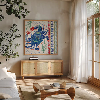 Nautical Vibes IV by Dina June. Shown in a natural wood frame in a cozy modern living room. Available as an archival giclee rolled canvas, fine art paper, or poster print. SKU 95034a.