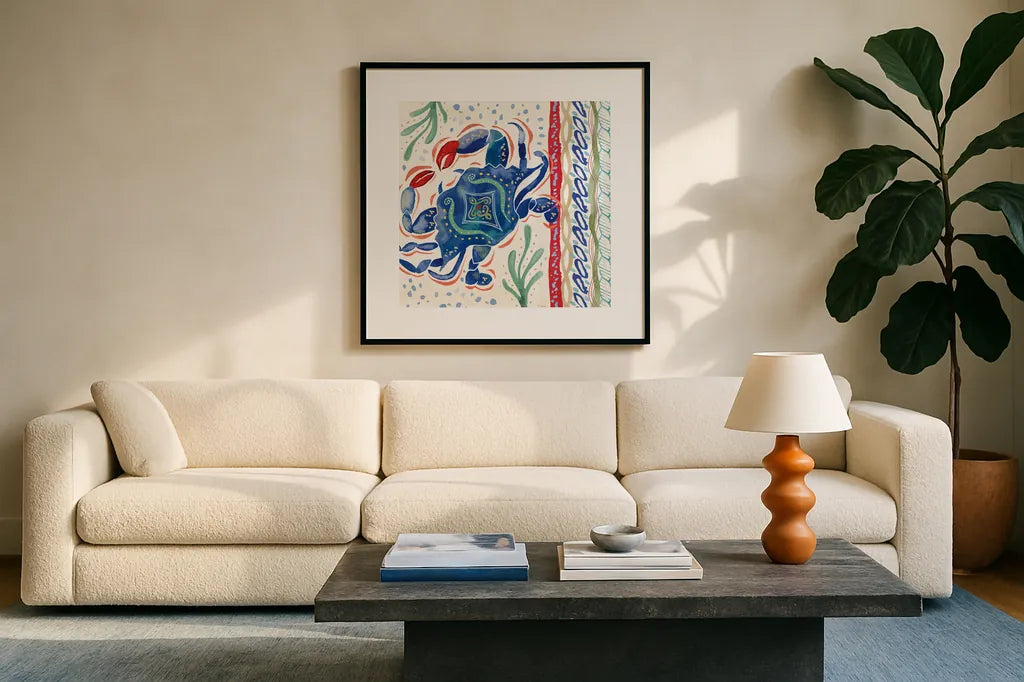 Nautical Vibes IV by Dina June. Displayed in a glass frame with matte in a clean modern living room. Available as an archival giclee rolled canvas, fine art paper, or poster print. SKU 95034a.
