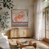 Nautical Vibes V by Dina June. Shown in a natural wood frame in a cozy modern living room. Available as an archival giclee rolled canvas, fine art paper, or poster print. SKU 95035a.