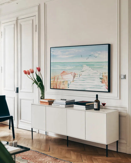 Ocean Breeze I by Dina June. shown as a framed stretched canvas in a living room above a console. Available as a archival giclee rolled canvas, fine art paper, or poster print. SKU 77722i.