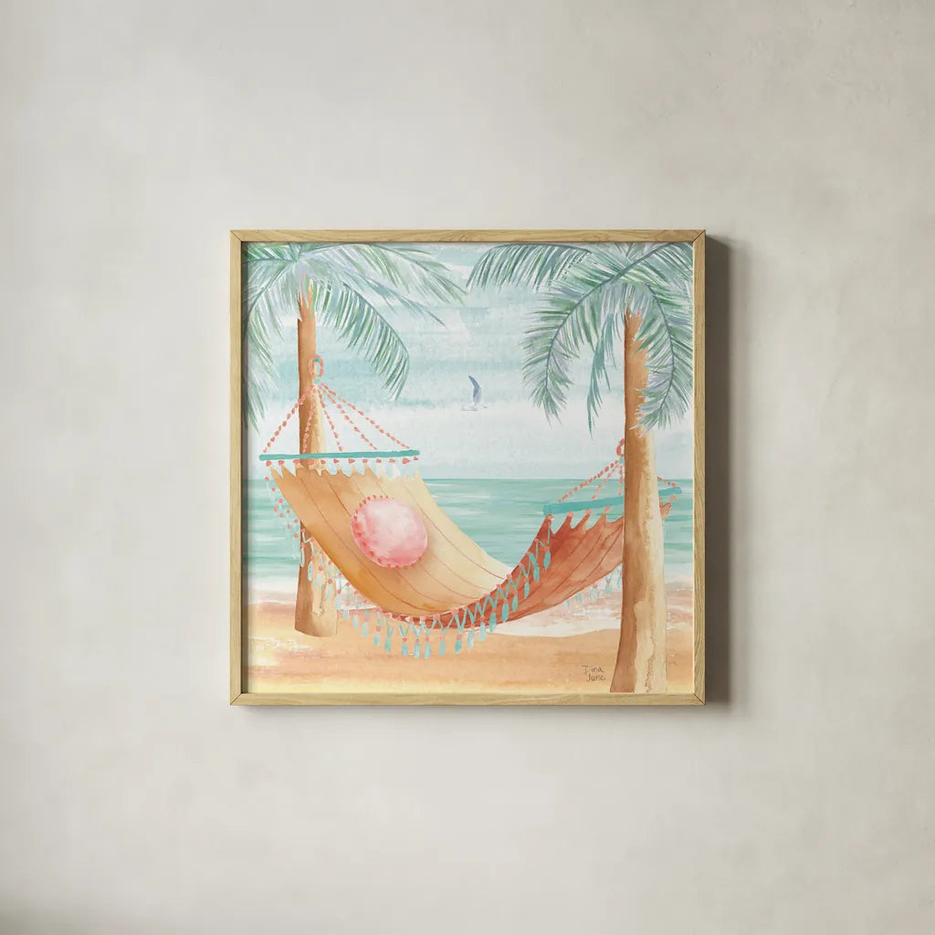 Ocean Breeze III by Dina June. Shown in a natural wood glass frame for a timeless modern aesthetic. Available as an archival giclee rolled canvas, fine art paper, or poster print. SKU 77724a.