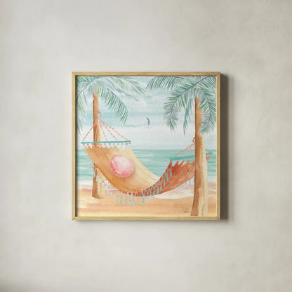Ocean Breeze III by Dina June. Shown in a natural wood glass frame for a timeless modern aesthetic. Available as an archival giclee rolled canvas, fine art paper, or poster print. SKU 77724a.