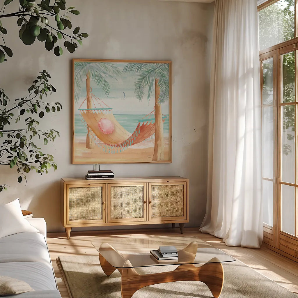 Ocean Breeze III by Dina June. Shown in a natural wood frame in a cozy modern living room. Available as an archival giclee rolled canvas, fine art paper, or poster print. SKU 77724a.