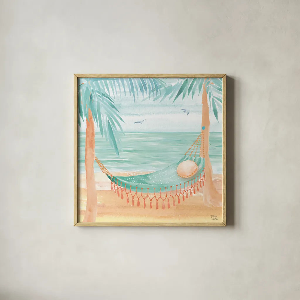 Ocean Breeze IV by Dina June. Shown in a natural wood glass frame for a timeless modern aesthetic. Available as an archival giclee rolled canvas, fine art paper, or poster print. SKU 77725a.
