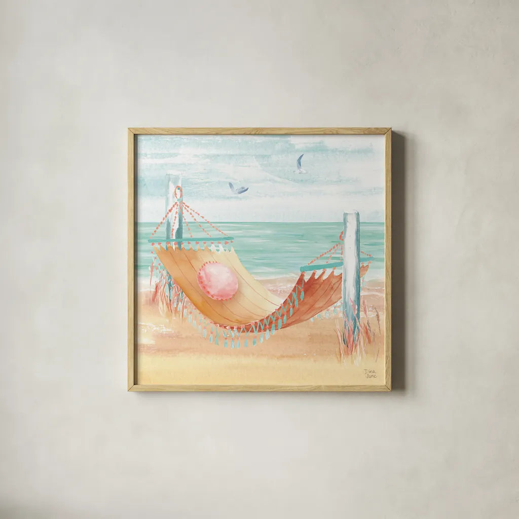 Ocean Breeze V by Dina June. Shown in a natural wood glass frame for a timeless modern aesthetic. Available as an archival giclee rolled canvas, fine art paper, or poster print. SKU 77726a.