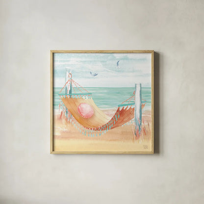 Ocean Breeze V by Dina June. Shown in a natural wood glass frame for a timeless modern aesthetic. Available as an archival giclee rolled canvas, fine art paper, or poster print. SKU 77726a.