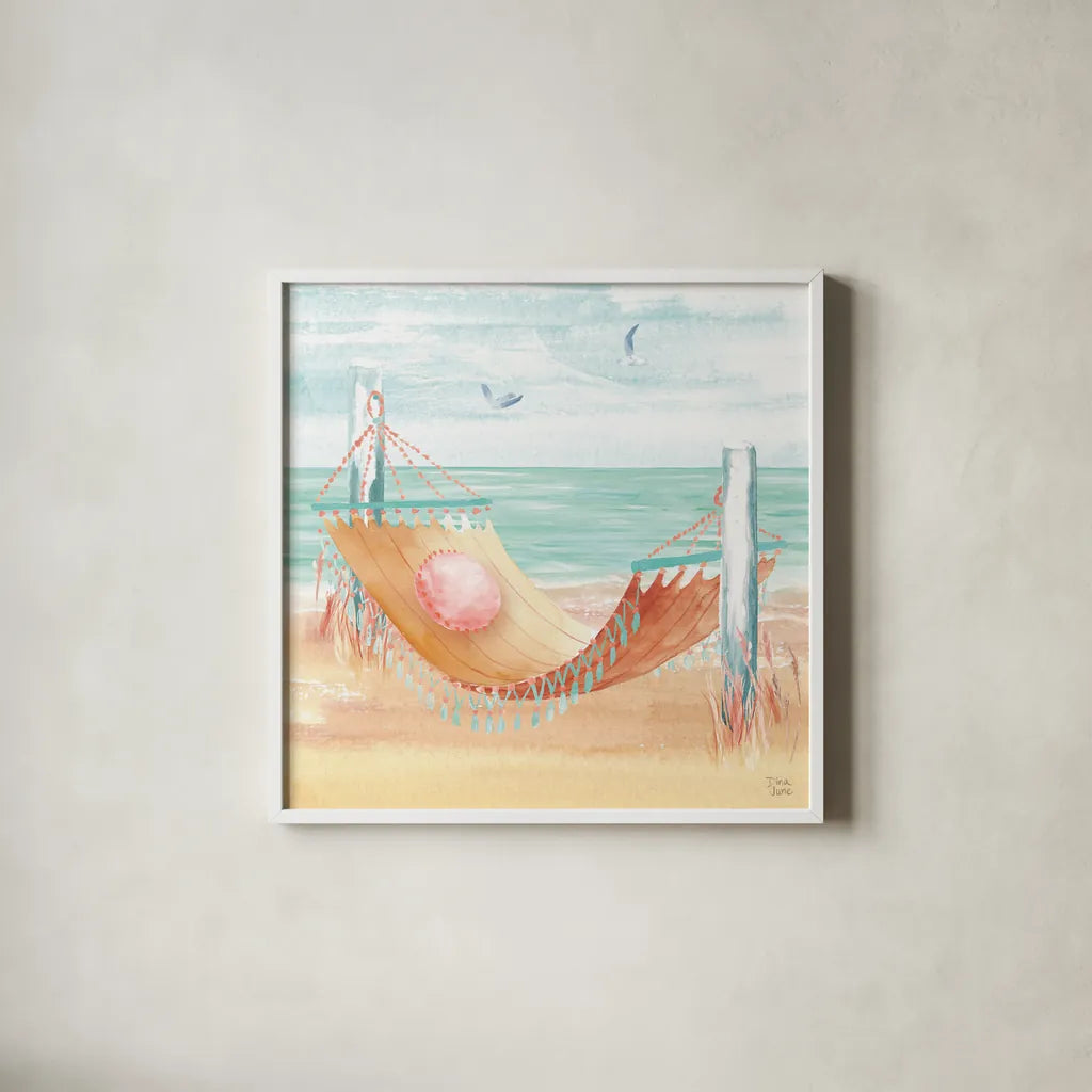 Ocean Breeze V by Dina June. Shown in a crisp white glass frame for a clean and minimalist style. Available as an archival giclee rolled canvas, fine art paper, or poster print. SKU 77726a.