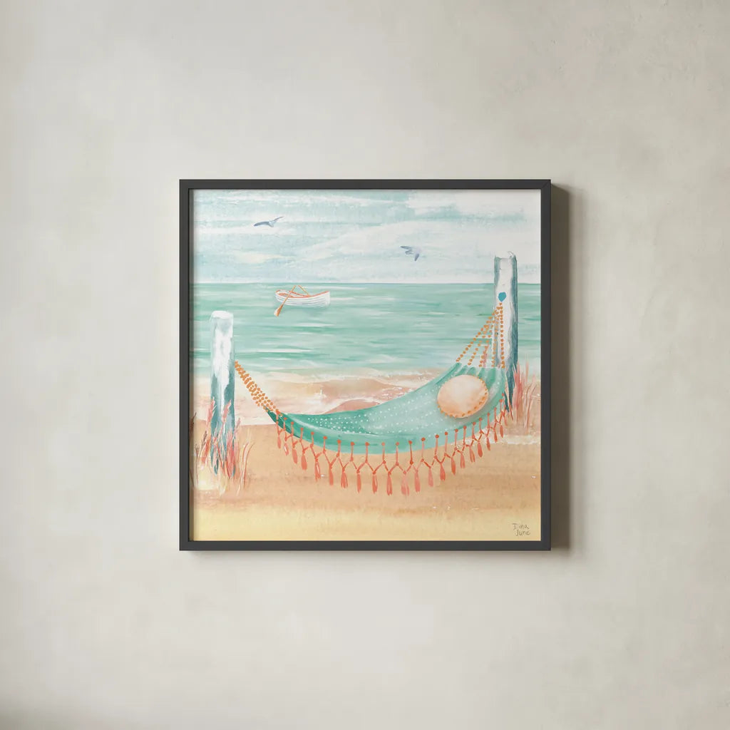 Ocean Breeze VI by Dina June. Shown in a sleek black glass frame for a contemporary gallery look. Available as an archival giclee rolled canvas, fine art paper, or poster print. SKU 77727a.