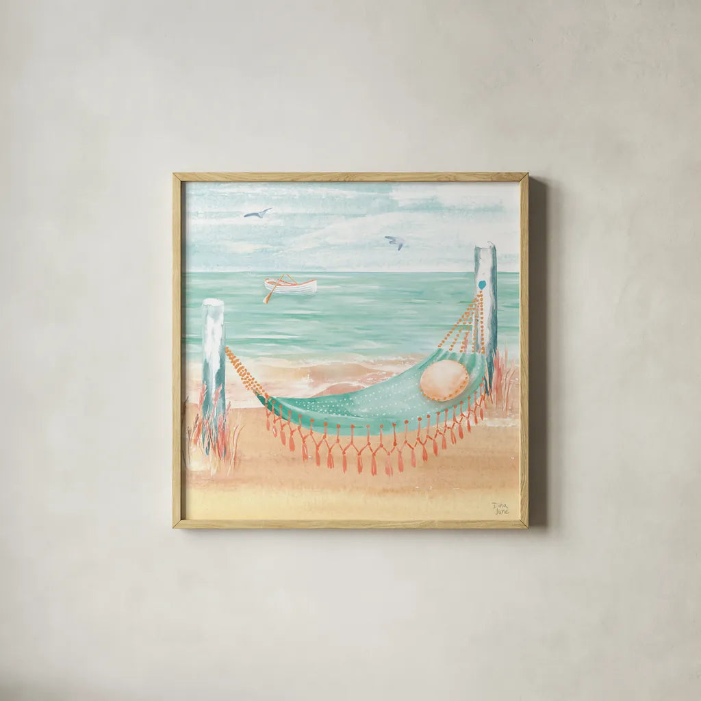 Ocean Breeze VI by Dina June. Shown in a natural wood glass frame for a timeless modern aesthetic. Available as an archival giclee rolled canvas, fine art paper, or poster print. SKU 77727a.