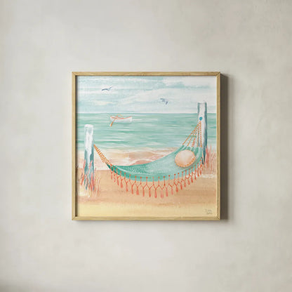 Ocean Breeze VI by Dina June. Shown in a natural wood glass frame for a timeless modern aesthetic. Available as an archival giclee rolled canvas, fine art paper, or poster print. SKU 77727a.
