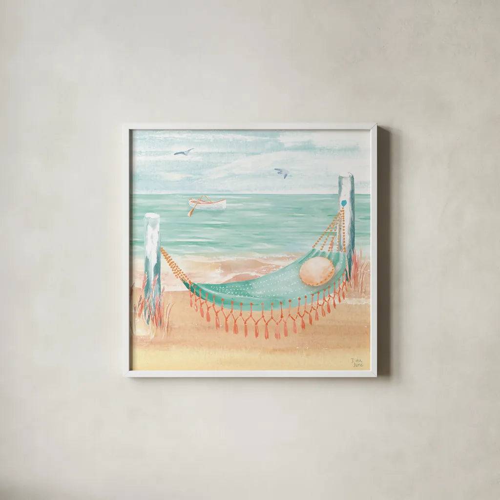 Ocean Breeze VI by Dina June. Shown in a crisp white glass frame for a clean and minimalist style. Available as an archival giclee rolled canvas, fine art paper, or poster print. SKU 77727a.