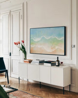 Ocean Breeze VII by Dina June. shown as a framed stretched canvas in a living room above a console. Available as a archival giclee rolled canvas, fine art paper, or poster print. SKU 77728i.