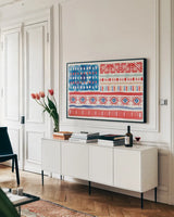 Oh My Stars II by Dina June. shown as a framed stretched canvas in a living room above a console. Available as a archival giclee rolled canvas, fine art paper, or poster print. SKU 73471i.