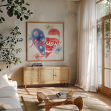 Oh My Stars III by Dina June. Shown in a natural wood frame in a cozy modern living room. Available as an archival giclee rolled canvas, fine art paper, or poster print. SKU 73472a.