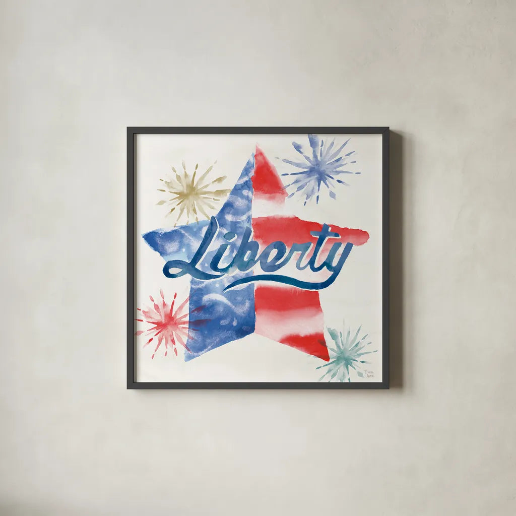 Oh My Stars IV by Dina June. Shown in a sleek black glass frame for a contemporary gallery look. Available as an archival giclee rolled canvas, fine art paper, or poster print. SKU 73473a.