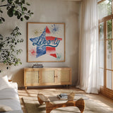 Oh My Stars IV by Dina June. Shown in a natural wood frame in a cozy modern living room. Available as an archival giclee rolled canvas, fine art paper, or poster print. SKU 73473a.