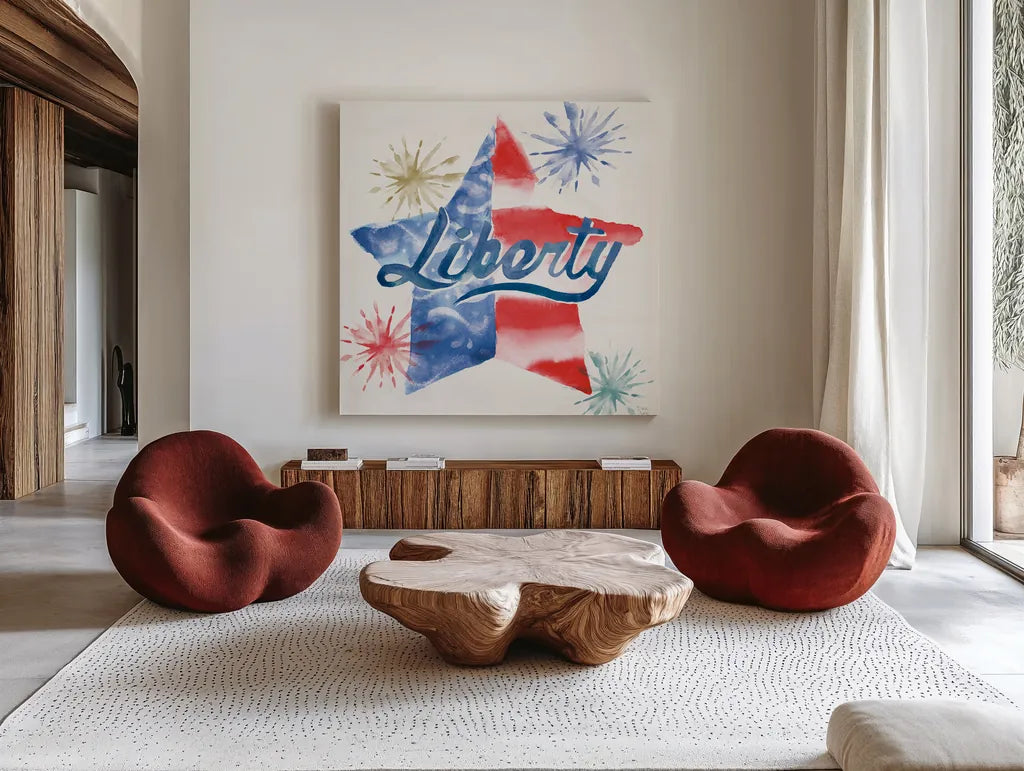 Oh My Stars IV by Dina June. Shown as extra-large giant wall art in a modern living room. Available as an archival giclee rolled canvas, fine art paper, or poster print. SKU 73473a.