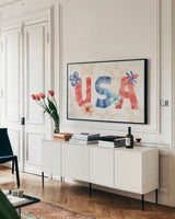Oh My Stars V by Dina June. shown as a framed stretched canvas in a living room above a console. Available as a archival giclee rolled canvas, fine art paper, or poster print. SKU 73474i.