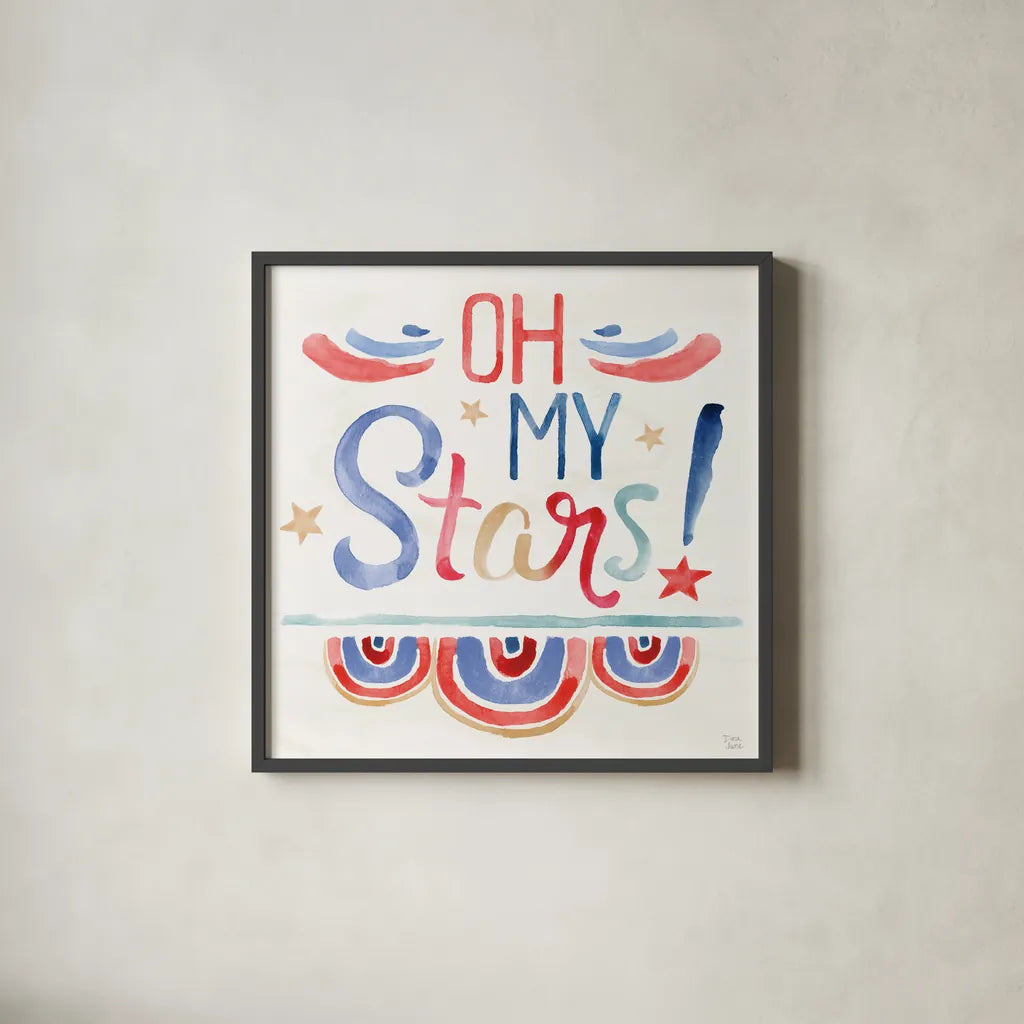Oh My Stars VI by Dina June. Shown in a sleek black glass frame for a contemporary gallery look. Available as an archival giclee rolled canvas, fine art paper, or poster print. SKU 73475a.