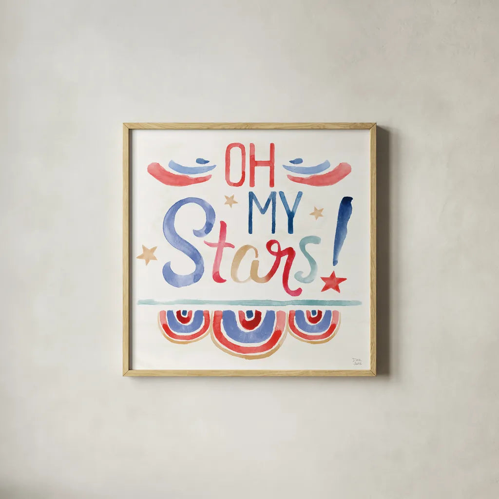 Oh My Stars VI by Dina June. Shown in a natural wood glass frame for a timeless modern aesthetic. Available as an archival giclee rolled canvas, fine art paper, or poster print. SKU 73475a.