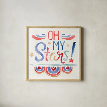 Oh My Stars VI by Dina June. Shown in a natural wood glass frame for a timeless modern aesthetic. Available as an archival giclee rolled canvas, fine art paper, or poster print. SKU 73475a.