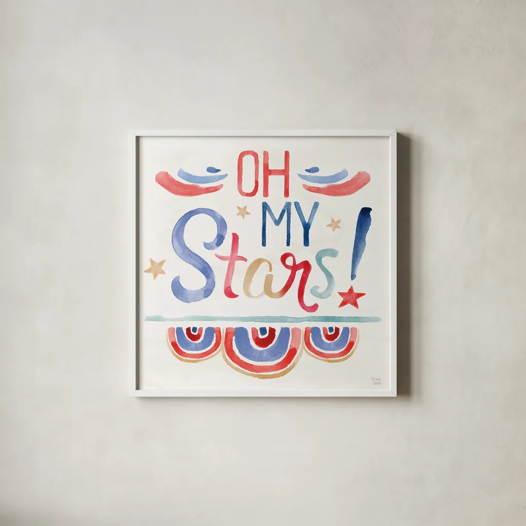 Oh My Stars VI by Dina June. Shown in a crisp white glass frame for a clean and minimalist style. Available as an archival giclee rolled canvas, fine art paper, or poster print. SKU 73475a.