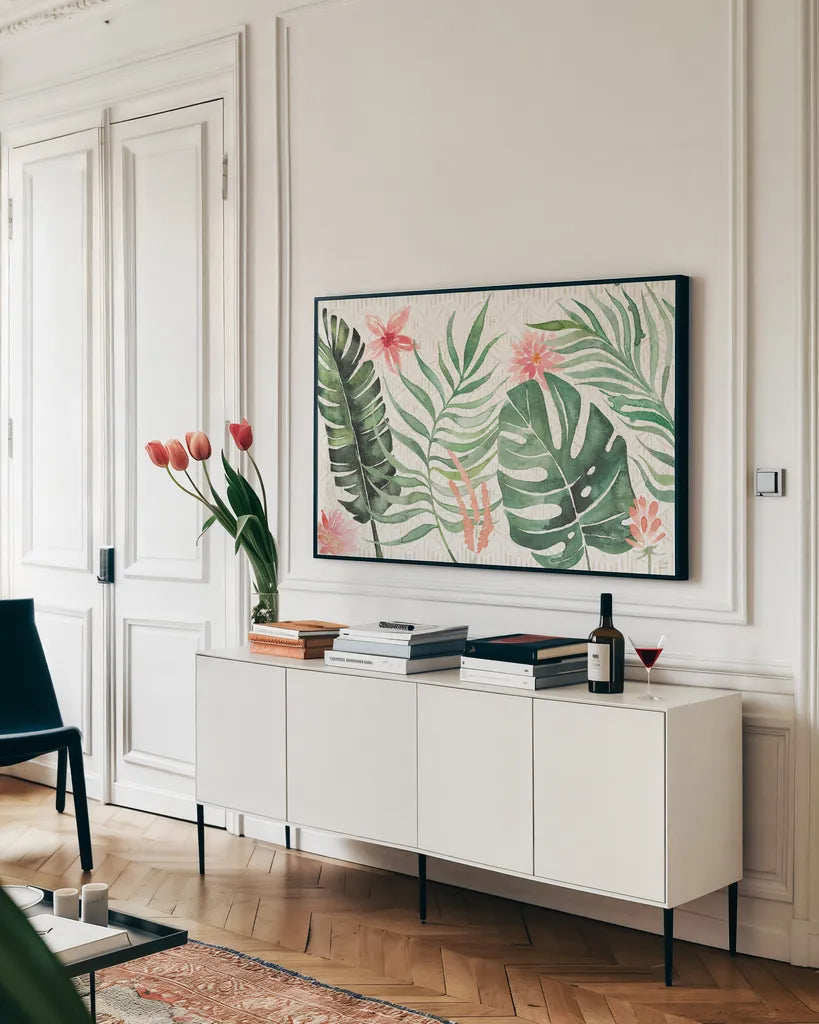 Paradise Petals I by Dina June. shown as a framed stretched canvas in a living room above a console. Available as a archival giclee rolled canvas, fine art paper, or poster print. SKU 56880i.