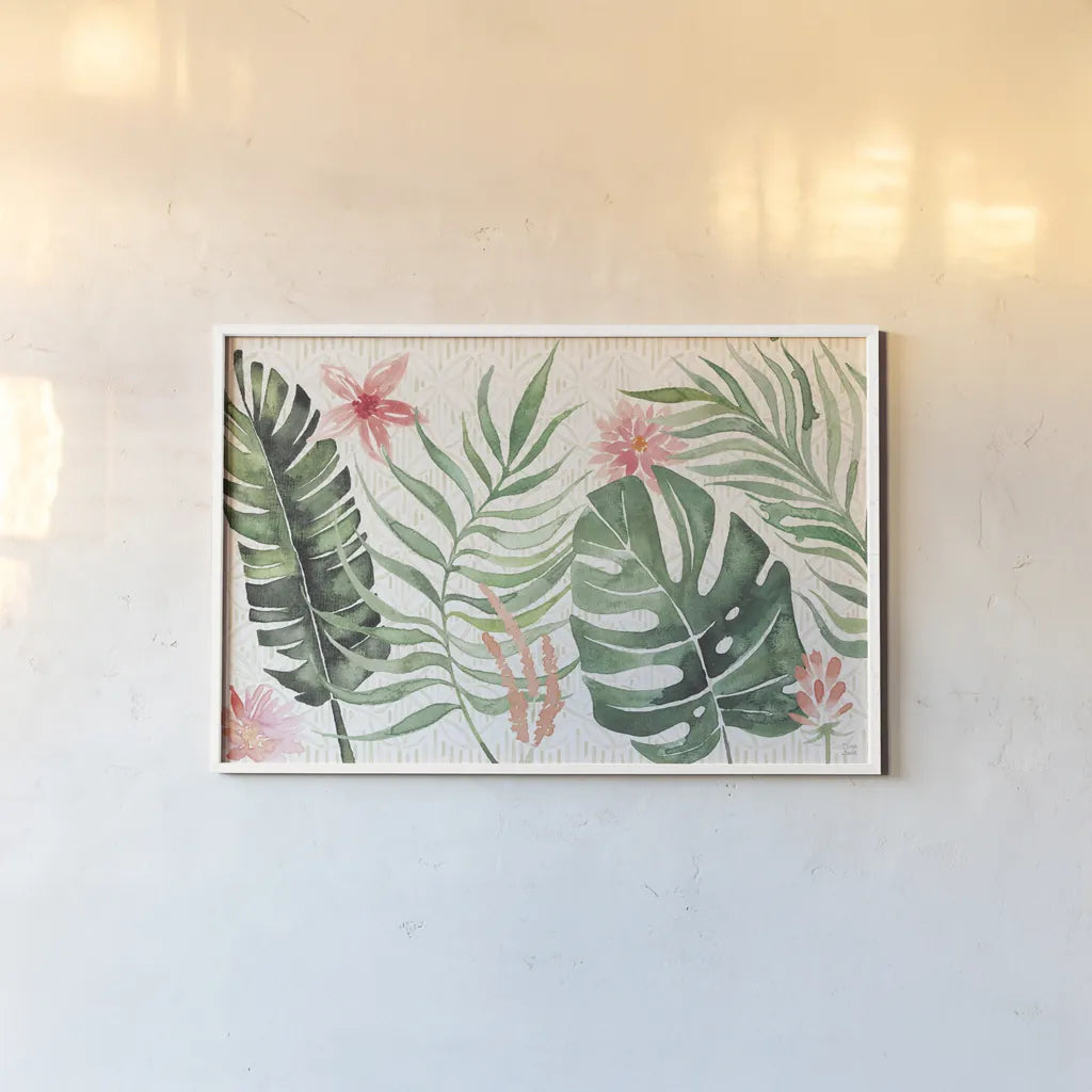 Paradise Petals I by Dina June. shown as a paper print in a white frame. Available as a archival giclee rolled canvas, fine art paper, or poster print. SKU 56880i.