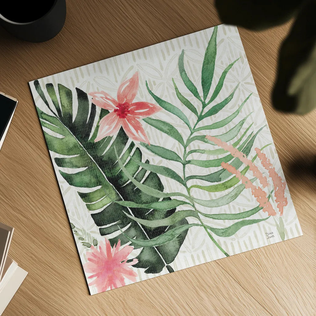 Paradise Petals II by Dina June. Shown as a detailed flat fine art print, highlighting archival giclee quality. Available as an archival giclee rolled canvas, fine art paper, or poster print. SKU 56881a.