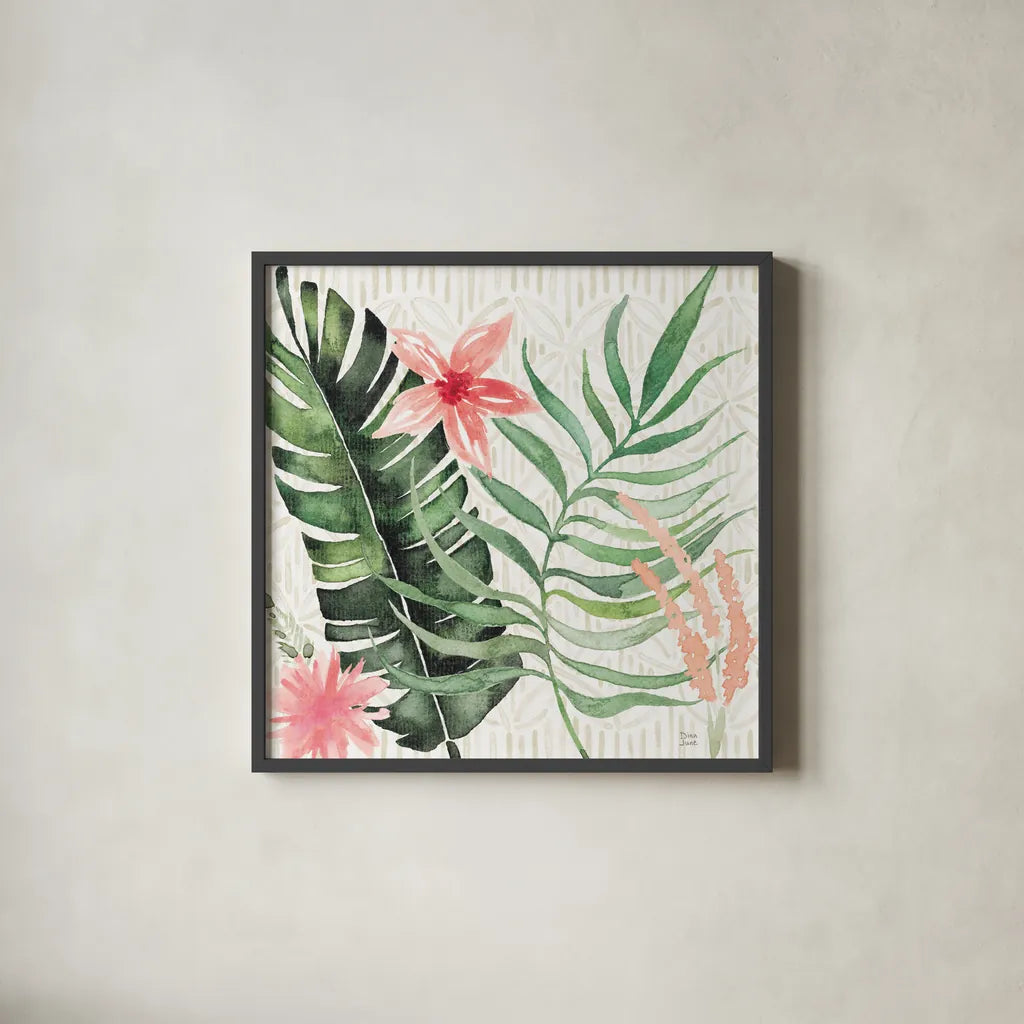 Paradise Petals II by Dina June. Shown in a sleek black glass frame for a contemporary gallery look. Available as an archival giclee rolled canvas, fine art paper, or poster print. SKU 56881a.