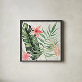 Paradise Petals II by Dina June. Shown in a sleek black glass frame for a contemporary gallery look. Available as an archival giclee rolled canvas, fine art paper, or poster print. SKU 56881a.