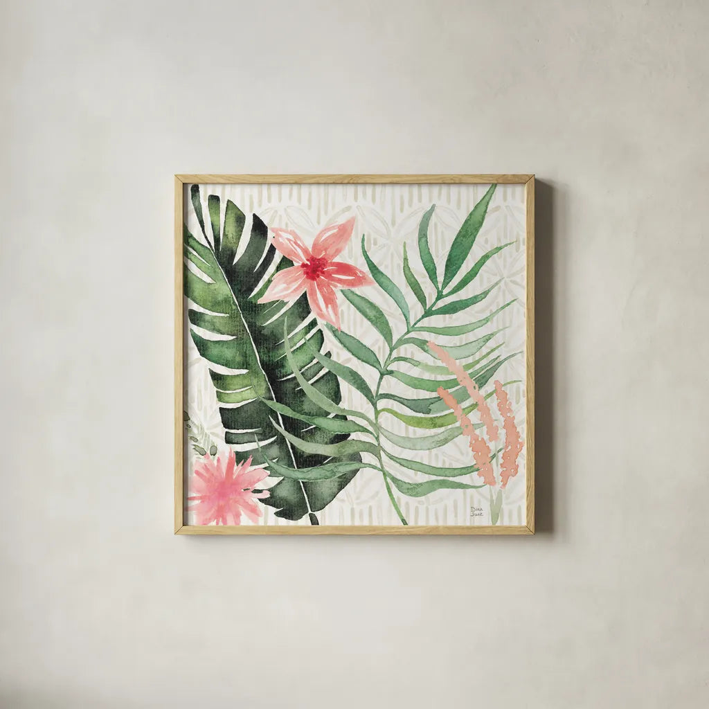 Paradise Petals II by Dina June. Shown in a natural wood glass frame for a timeless modern aesthetic. Available as an archival giclee rolled canvas, fine art paper, or poster print. SKU 56881a.