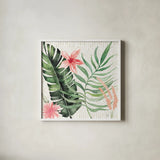 Paradise Petals II by Dina June. Shown in a crisp white glass frame for a clean and minimalist style. Available as an archival giclee rolled canvas, fine art paper, or poster print. SKU 56881a.