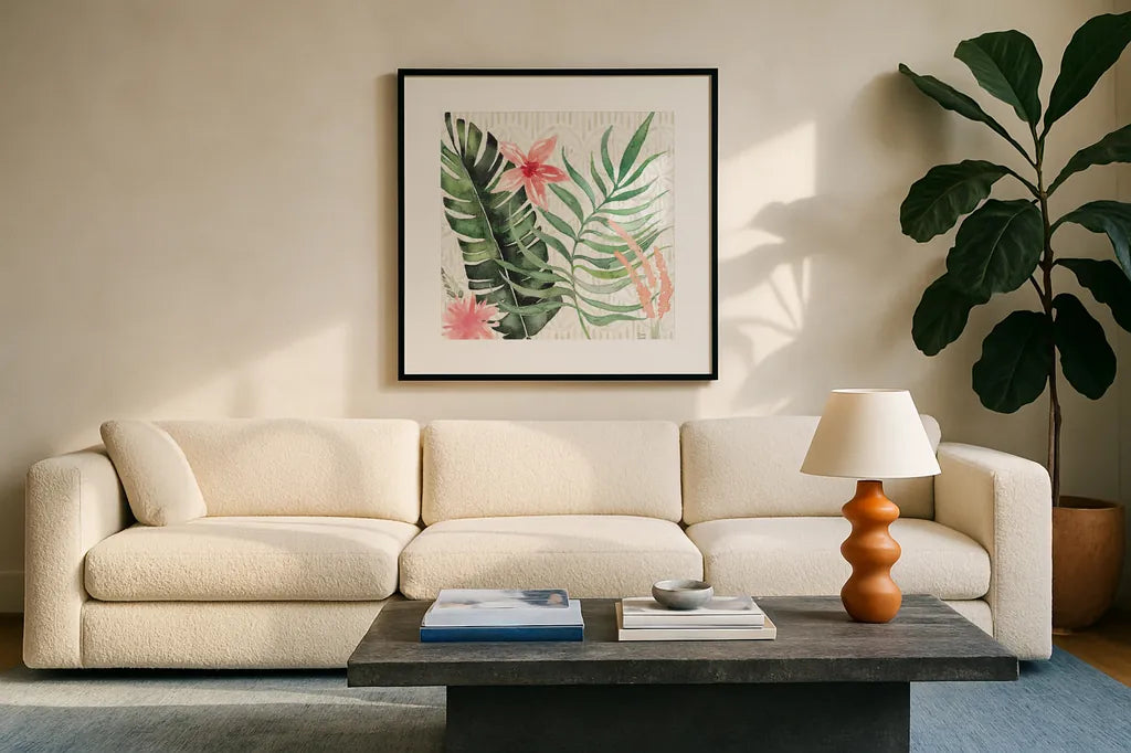 Paradise Petals II by Dina June. Displayed in a glass frame with matte in a clean modern living room. Available as an archival giclee rolled canvas, fine art paper, or poster print. SKU 56881a.