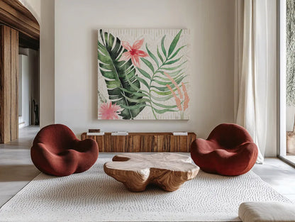 Paradise Petals II by Dina June. Shown as extra-large giant wall art in a modern living room. Available as an archival giclee rolled canvas, fine art paper, or poster print. SKU 56881a.