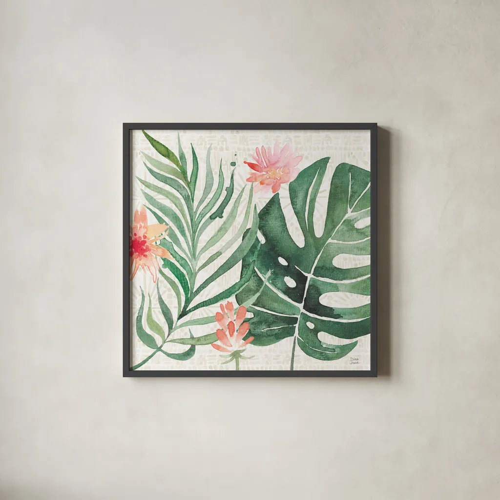 Paradise Petals III by Dina June. Shown in a sleek black glass frame for a contemporary gallery look. Available as an archival giclee rolled canvas, fine art paper, or poster print. SKU 56882a.