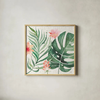 Paradise Petals III by Dina June. Shown in a natural wood glass frame for a timeless modern aesthetic. Available as an archival giclee rolled canvas, fine art paper, or poster print. SKU 56882a.