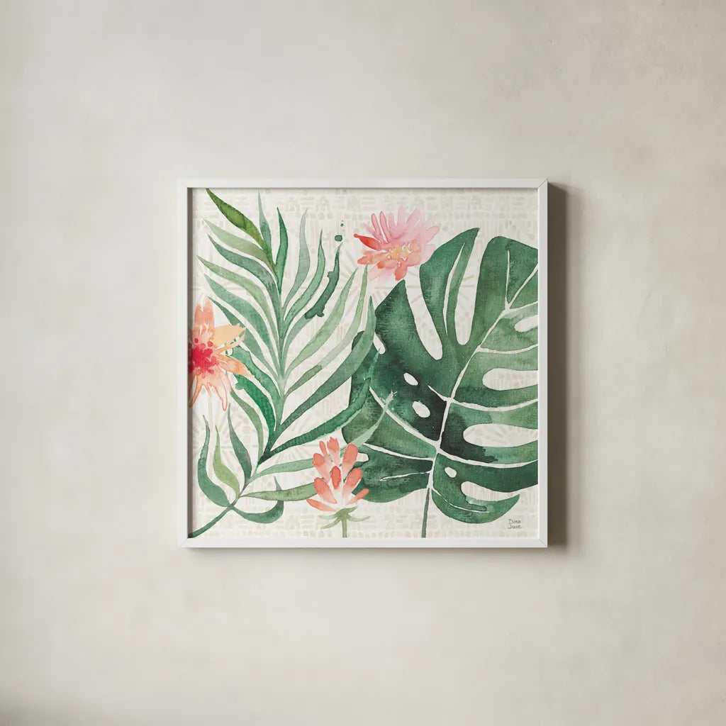 Paradise Petals III by Dina June. Shown in a crisp white glass frame for a clean and minimalist style. Available as an archival giclee rolled canvas, fine art paper, or poster print. SKU 56882a.