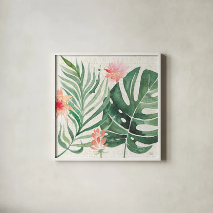 Paradise Petals III by Dina June. Shown in a crisp white glass frame for a clean and minimalist style. Available as an archival giclee rolled canvas, fine art paper, or poster print. SKU 56882a.