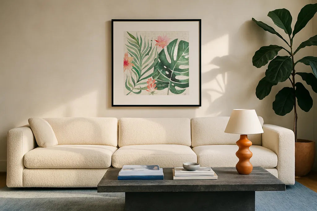 Paradise Petals III by Dina June. Displayed in a glass frame with matte in a clean modern living room. Available as an archival giclee rolled canvas, fine art paper, or poster print. SKU 56882a.