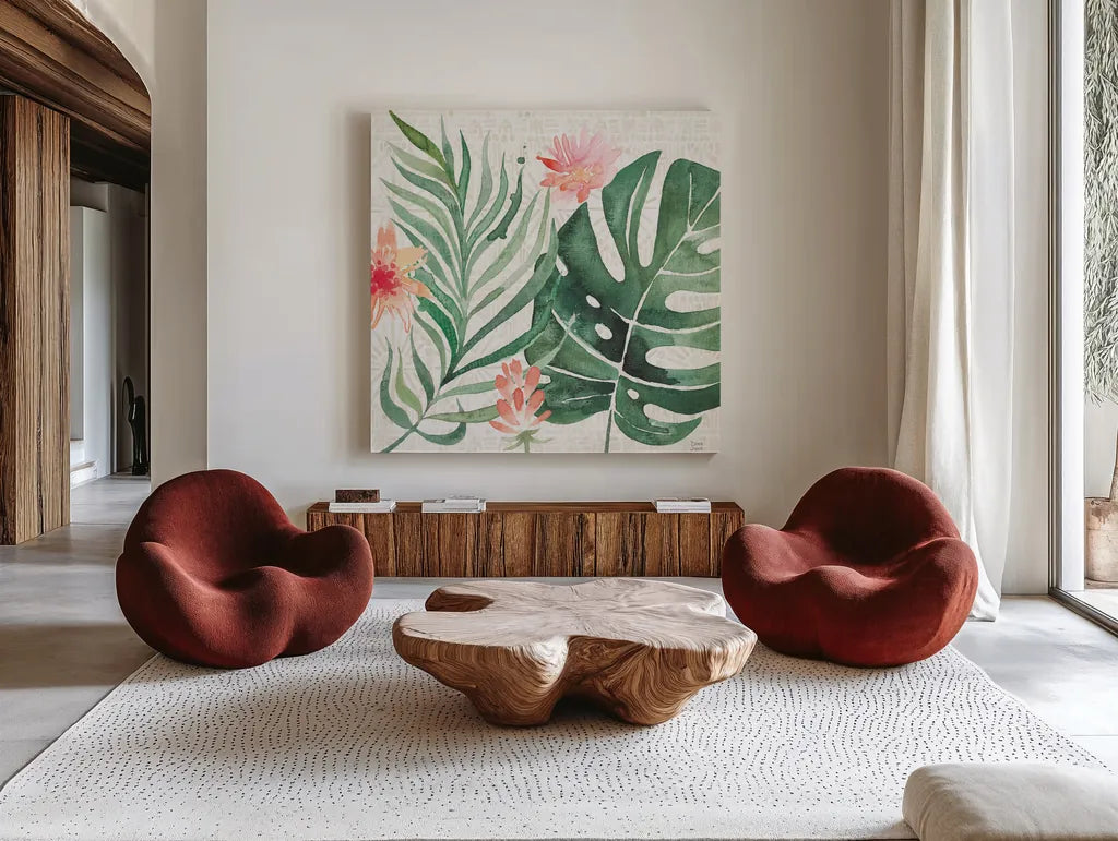 Paradise Petals III by Dina June. Shown as extra-large giant wall art in a modern living room. Available as an archival giclee rolled canvas, fine art paper, or poster print. SKU 56882a.