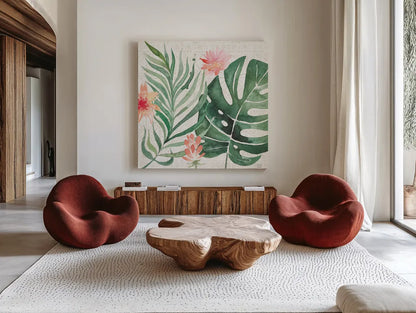 Paradise Petals III by Dina June. Shown as extra-large giant wall art in a modern living room. Available as an archival giclee rolled canvas, fine art paper, or poster print. SKU 56882a.