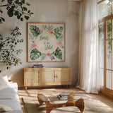 Paradise Petals IV by Dina June. Shown in a natural wood frame in a cozy modern living room. Available as an archival giclee rolled canvas, fine art paper, or poster print. SKU 56883a.
