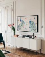 Peacock Glory I by Dina June. shown as a framed stretched canvas in a living room above a console. Available as a archival giclee rolled canvas, fine art paper, or poster print. SKU 65987i.