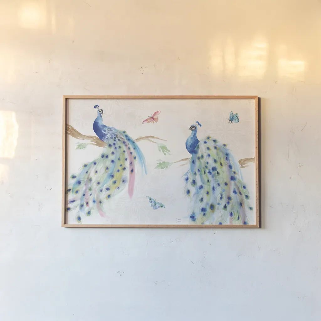 Peacock Glory I by Dina June. shown as a paper print in a natural frame. Available as a archival giclee rolled canvas, fine art paper, or poster print. SKU 65987i.